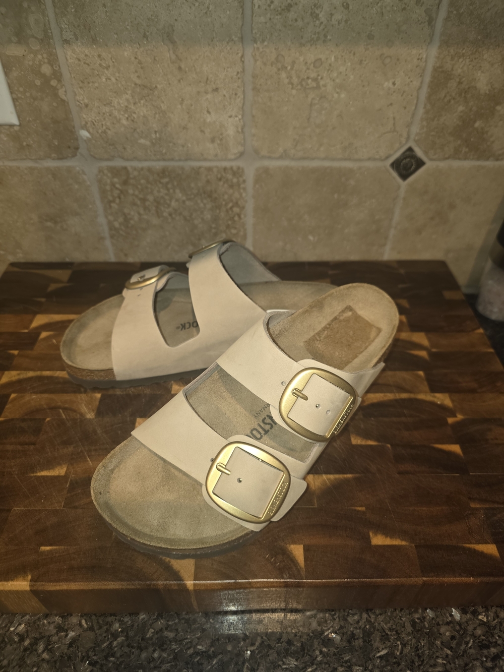 Birkenstock Beige Two-Strap Sandals with Gold Buckles